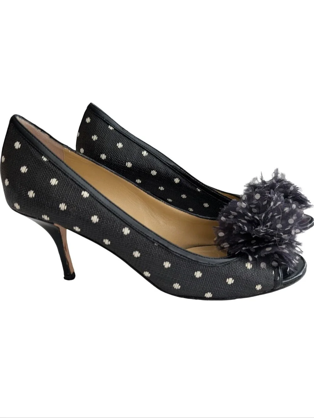 Kate Spade Molly Polka Dot Raffia Peep-Toe Pumps Size 10